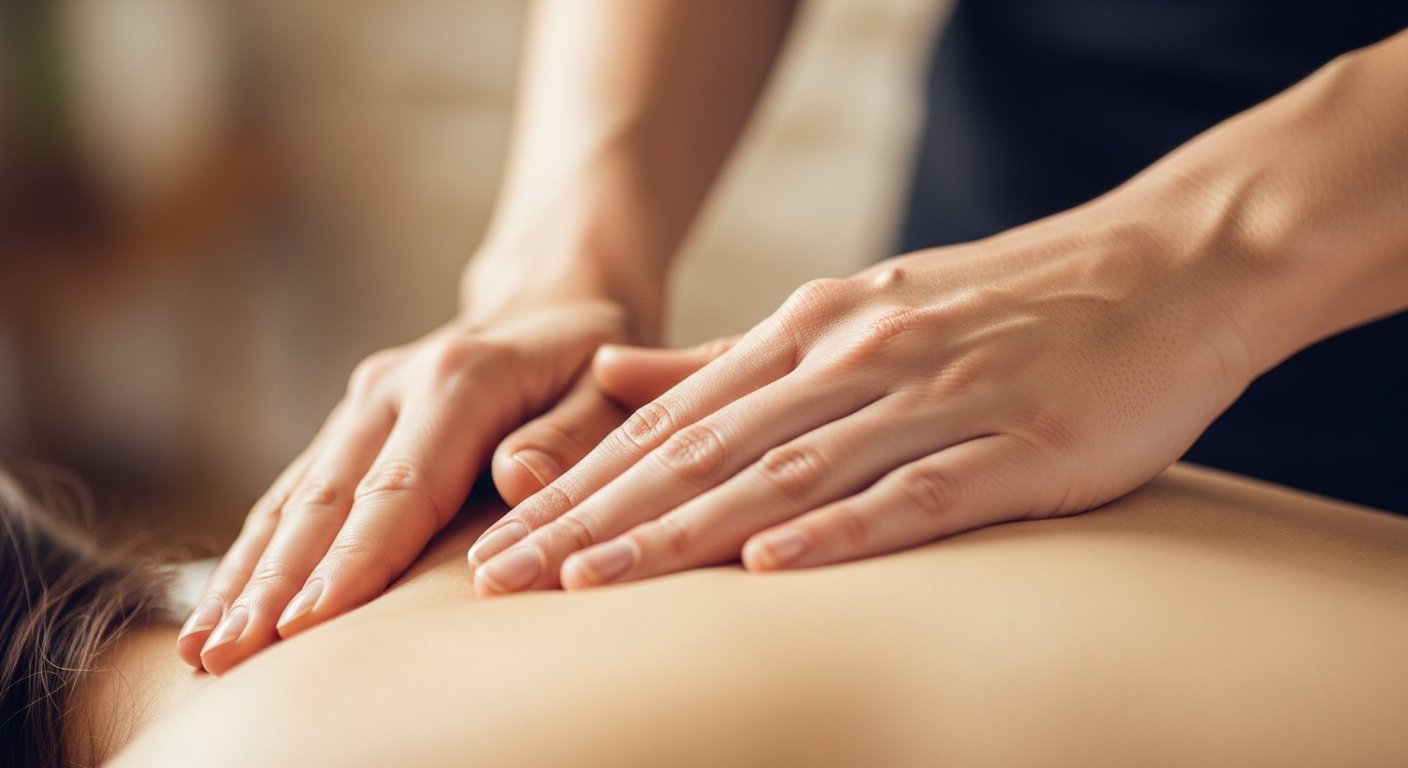 Gentle therapeutic hands performing Reiki energy healing technique in a warm treatment room