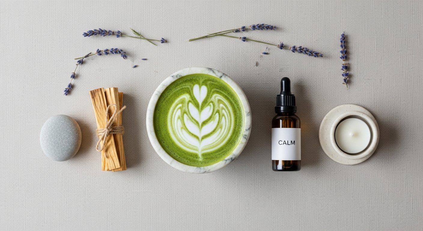 Holistic wellness elements including dried herbs, river stones, eucalyptus, and cream towels on natural linen